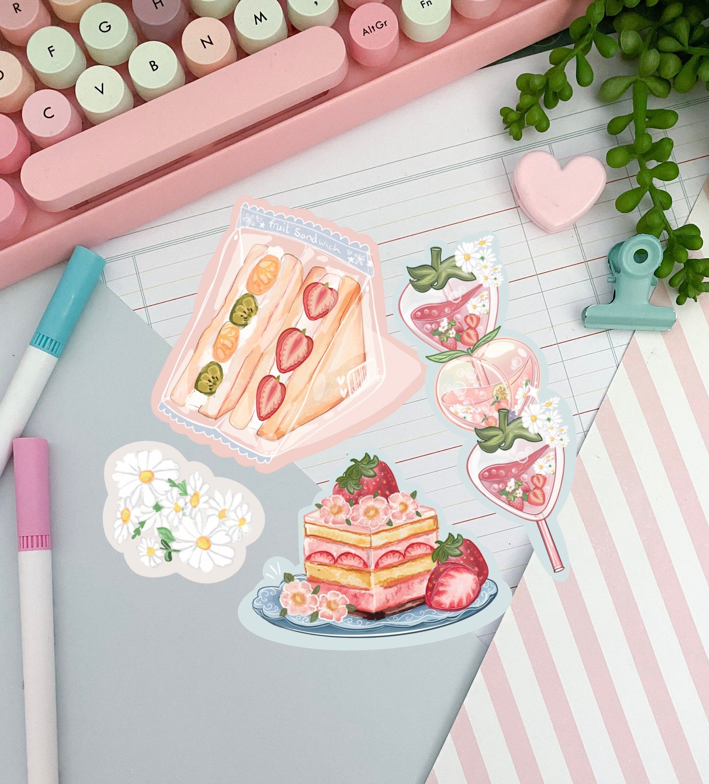 Fruit sandwich strawberry kawaii snacks sticker pack, Digital Art, Stickers, Kawaii Illustration, space, Stationary, bujo bullet journal.