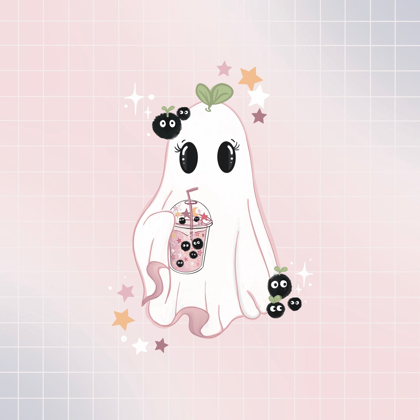 Sprout bubble tea ghost  /  die-cut sticker/ Digital art, decals. gift stationery Bujo , bullet journal, laptop, tablet sticker.