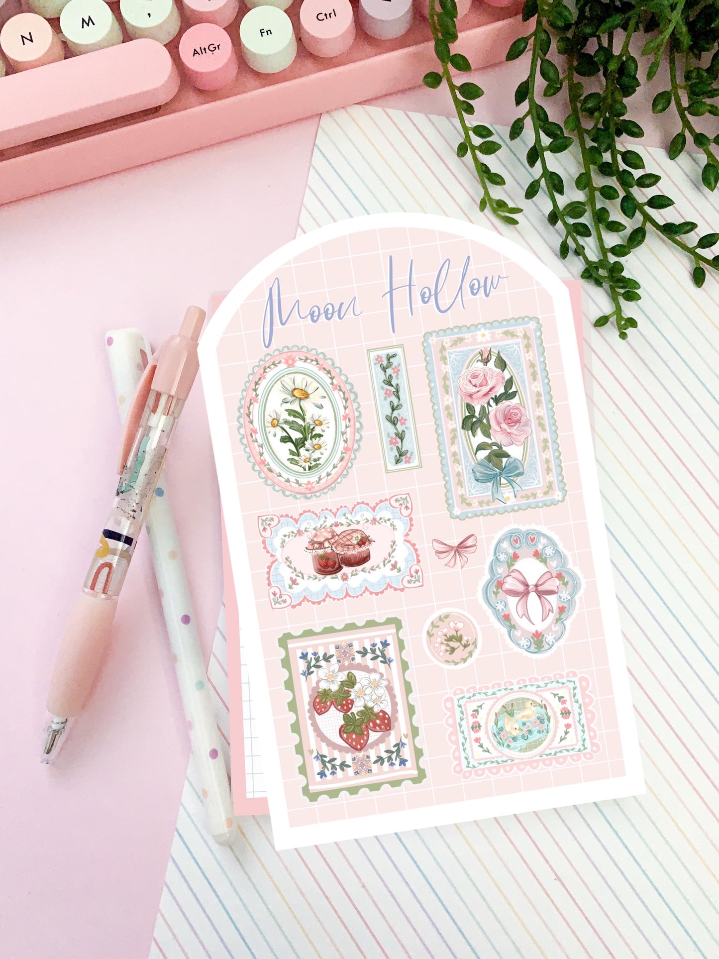 Delicate floral Coquette aesthetic sticker sheet,  coquette frames, watercolour Stickers Illustration, bows and ribbons,  bullet journa