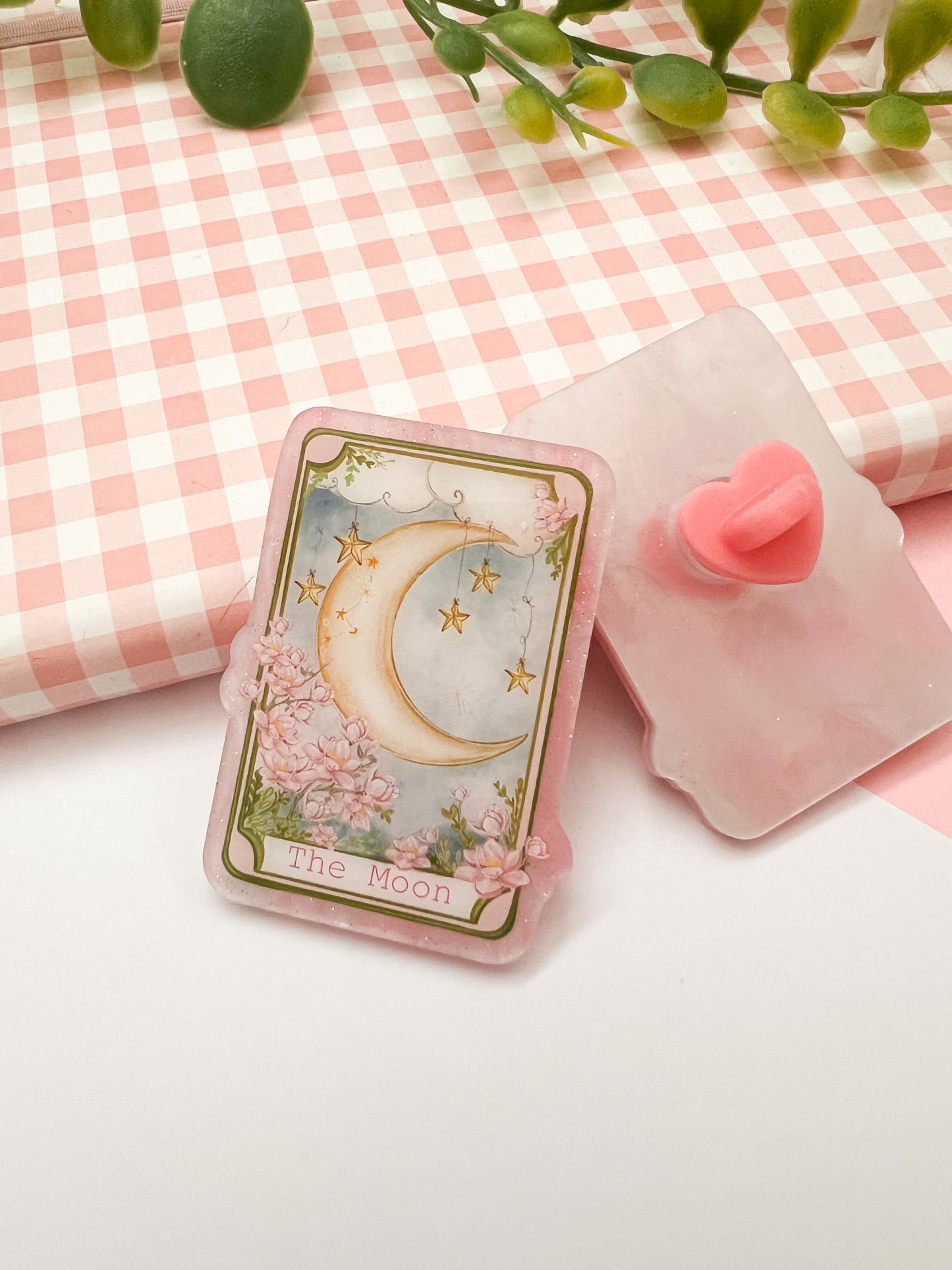 The Moon tarot card pink opal acrylic pin ￼
