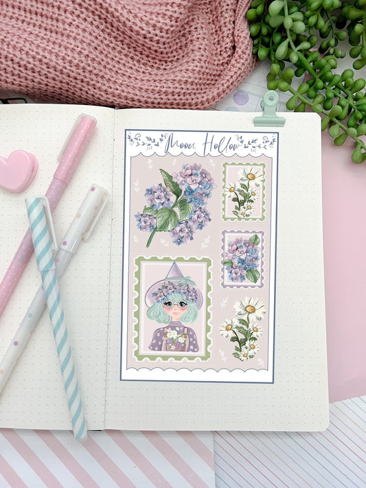 Hydrangea Cottagecore Witch Sticker sheet, cozy witch flower bullet journal stickers. Cozy cottage core stickers. Delicate stickers.