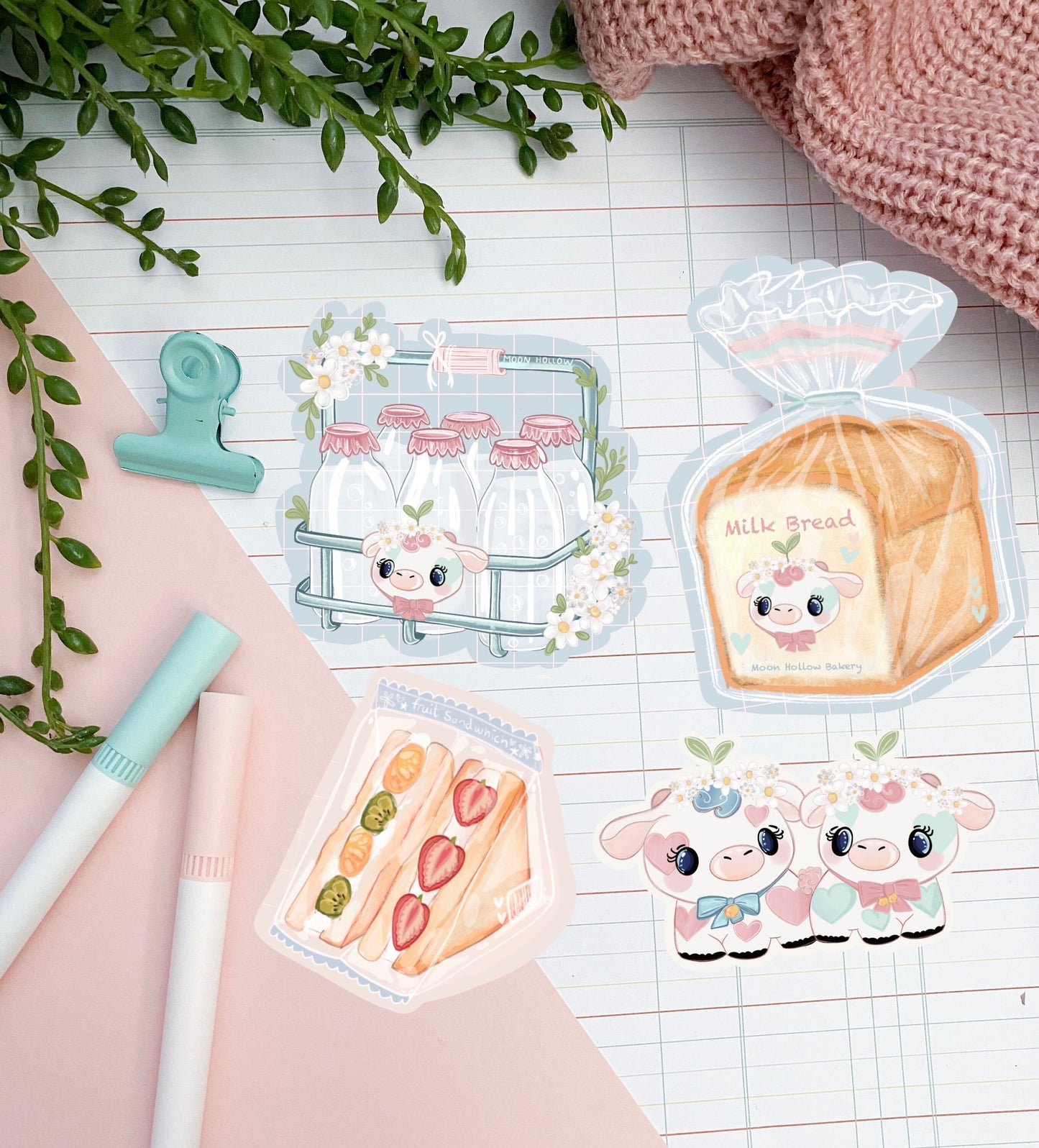 Kawaii bakery sticker pack, Cute cow, milk, bread. Japanese sandwich Digital Art, Stickers, Cute Illustration, Stationary bullet journal.