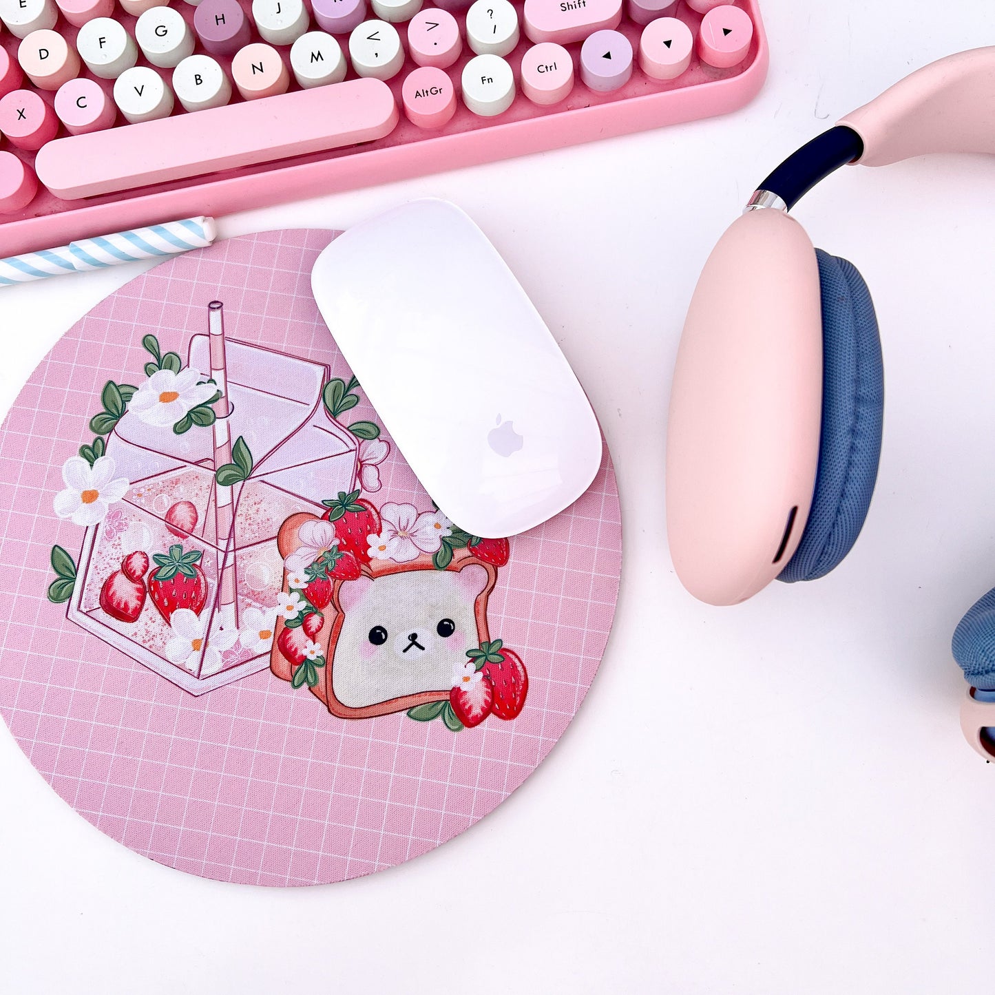 Strawberry bear mouse mat, kawaii computer mat.