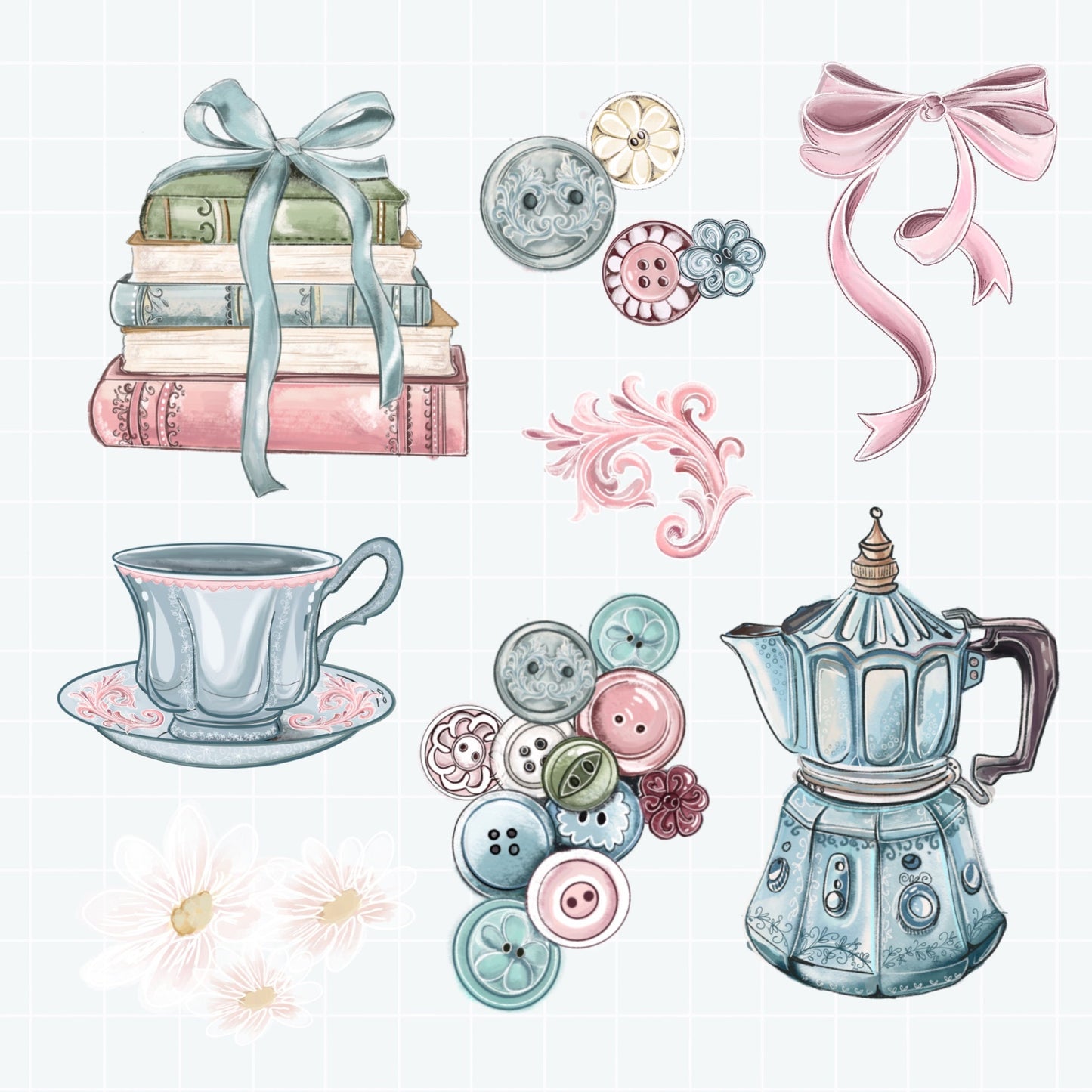 Buttons books and bows sticker pack.   Digital Art, Sticker set, cozy Illustration, Stationary, coffee reading  bujo bullet journal stickers