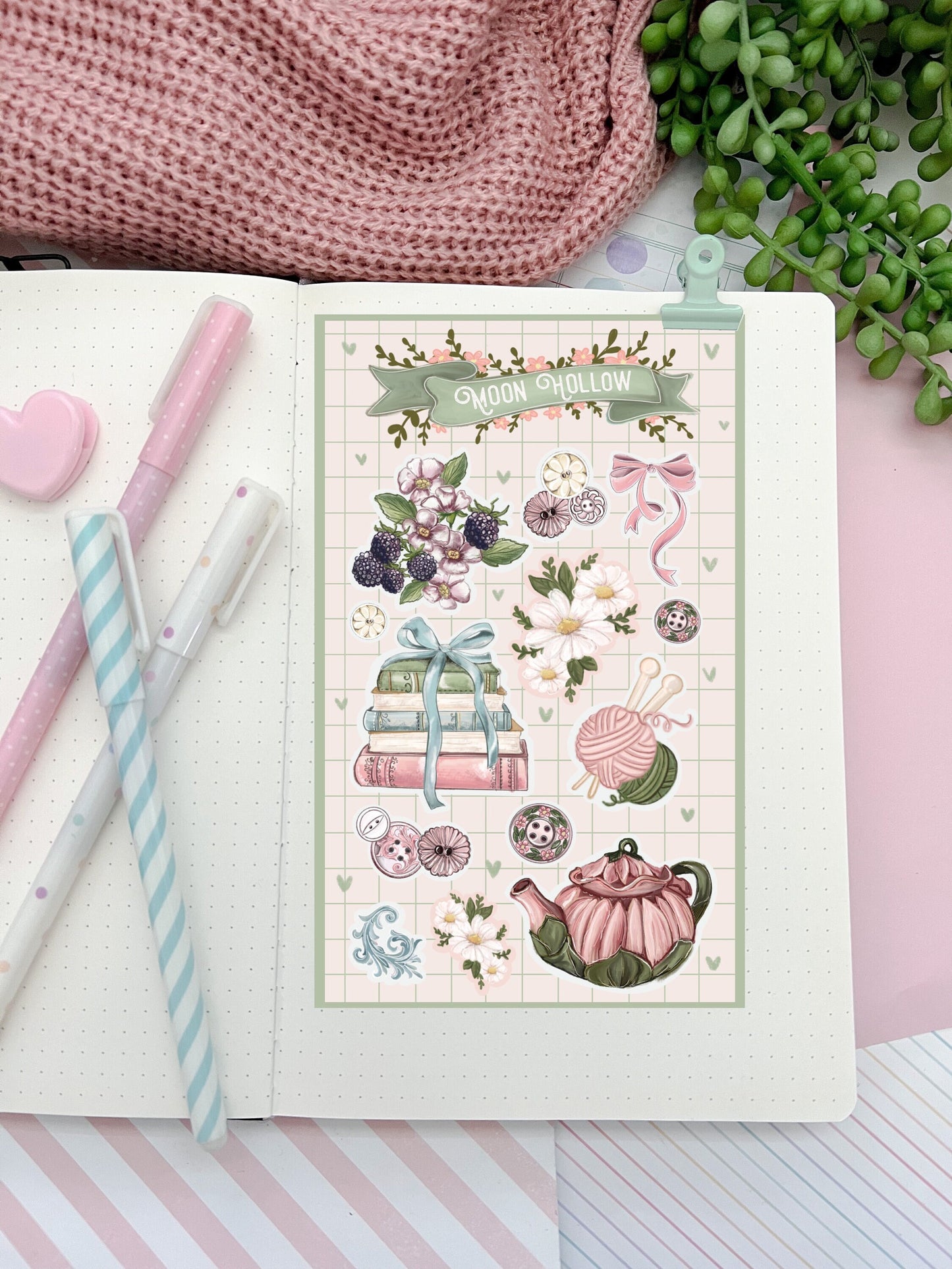 Cozy tea and crafting  Coquette aesthetic sticker sheet, book lover Stickers Illustration.