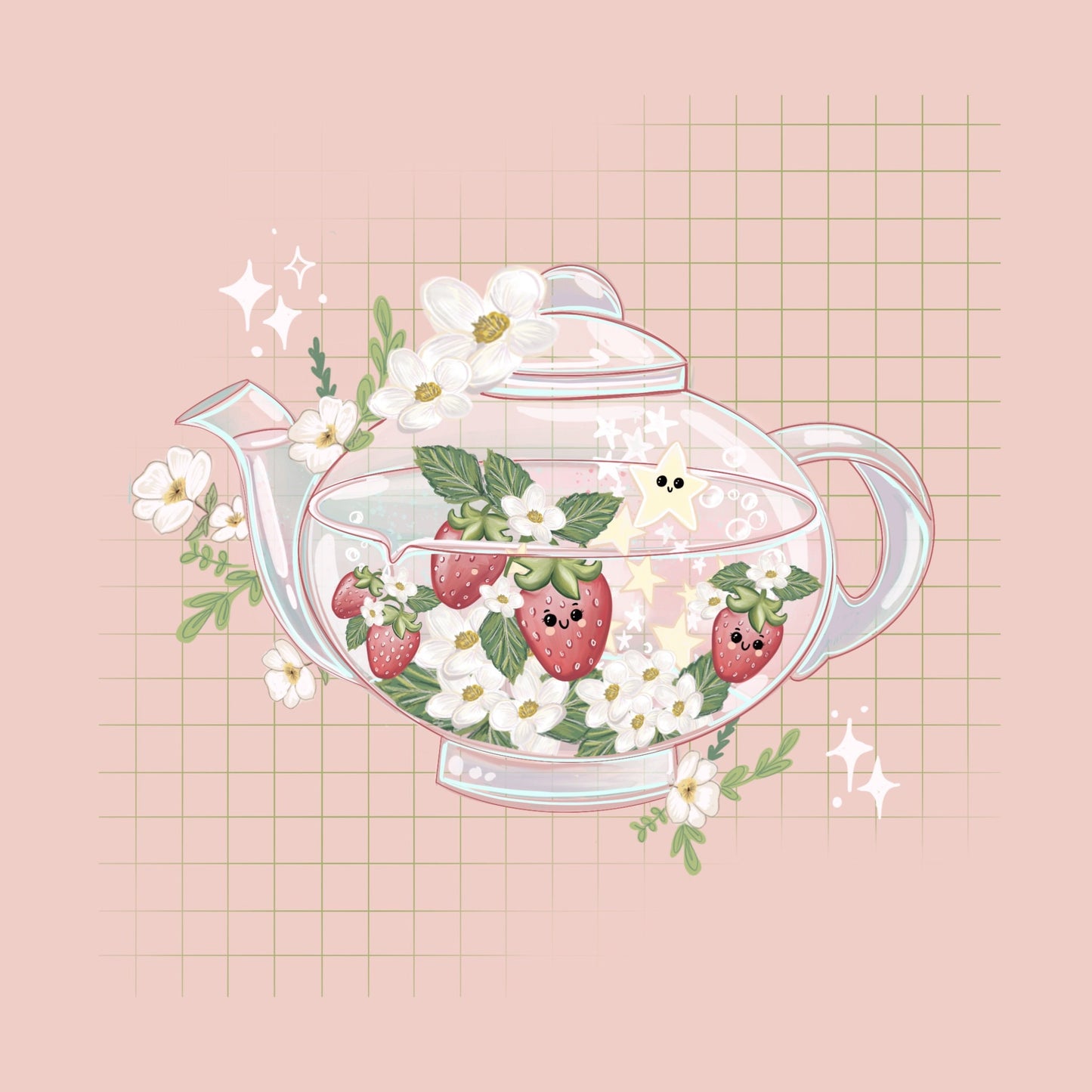 Kawaii cute strawberry tea sticker pack. Large sticker pack//  Digital Art, Stickers, Kawaii Illustration, Scrapbooking , bullet journal.