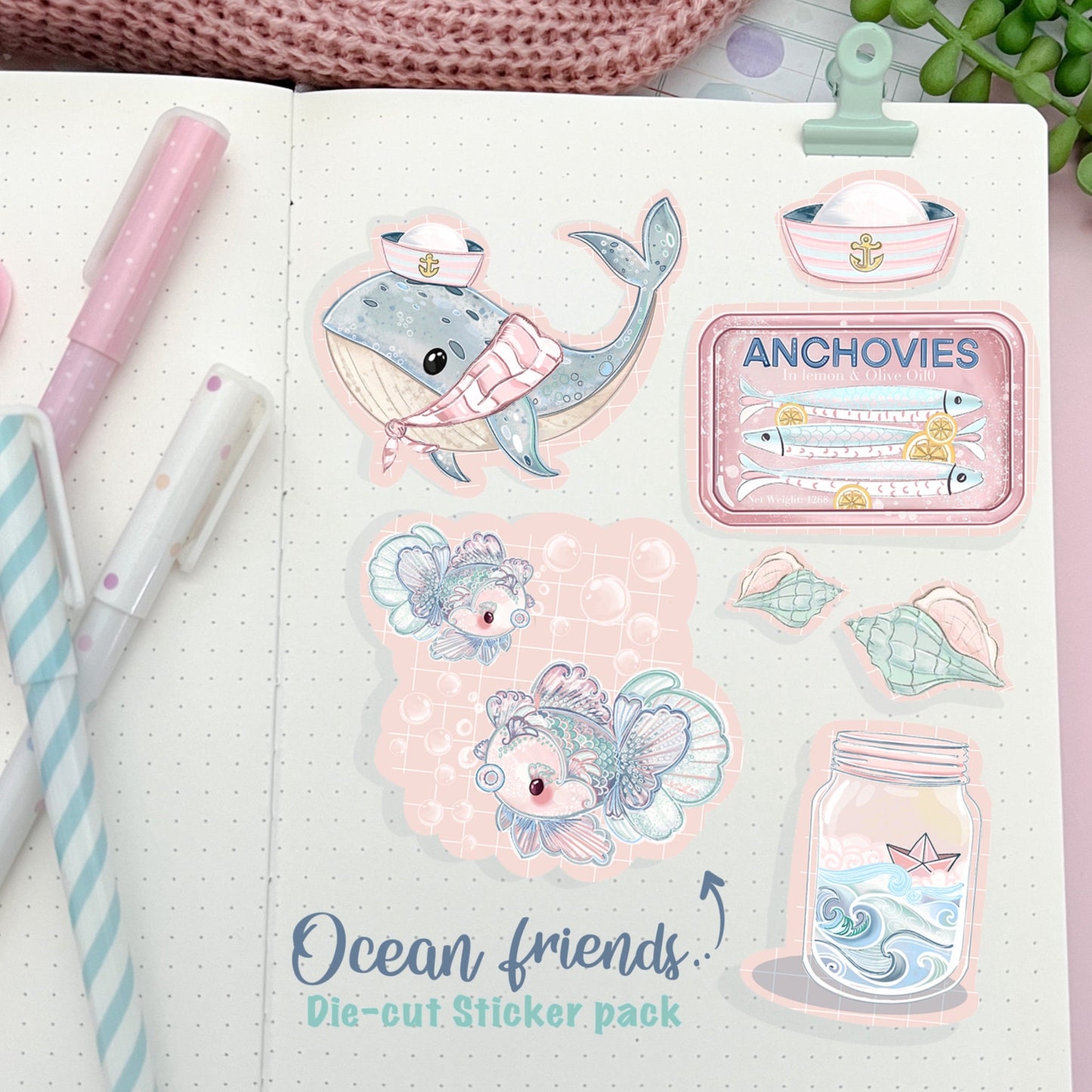 Ocean friends Sticker Pack, Cute sea life journal stickers,  Whale, fish, shell Digital Art, bujo bullet journal. Die cut stickers.