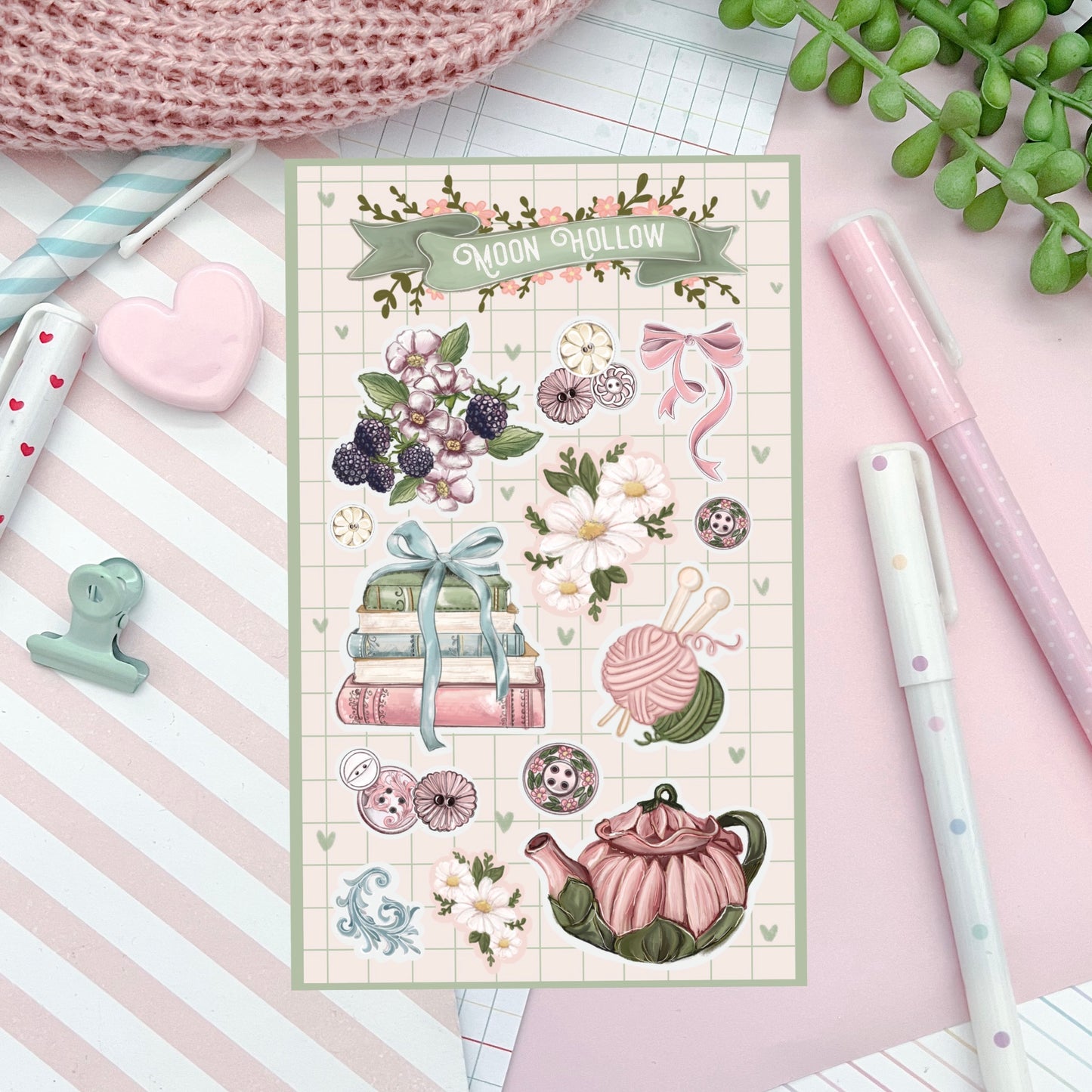 Cozy tea and crafting  Coquette aesthetic sticker sheet, book lover Stickers Illustration.