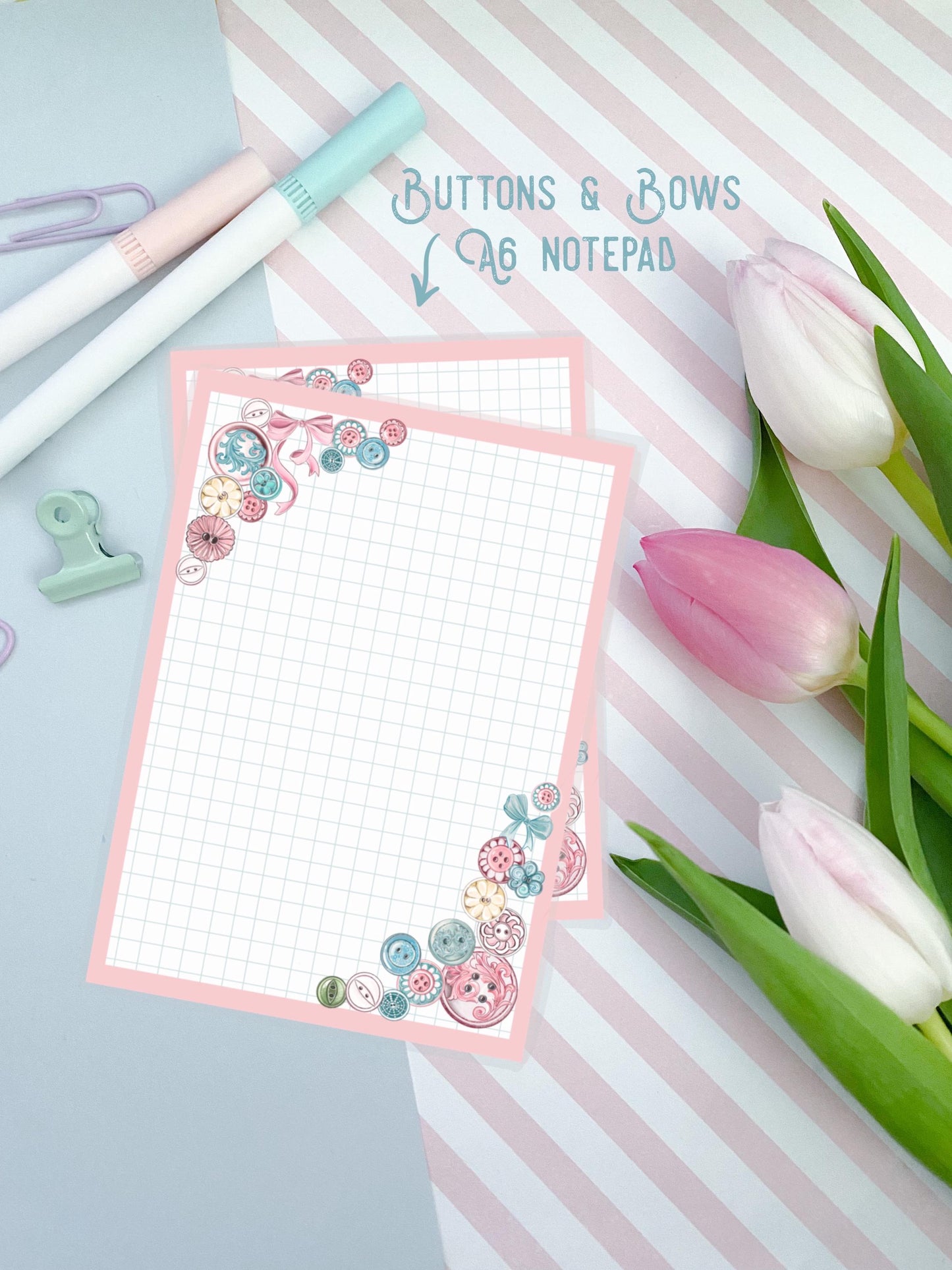 Buttons & Bows A6 notepad /  coquette cute  notepad  / notepad. Cute kawaii gift stationery. Memo pad.