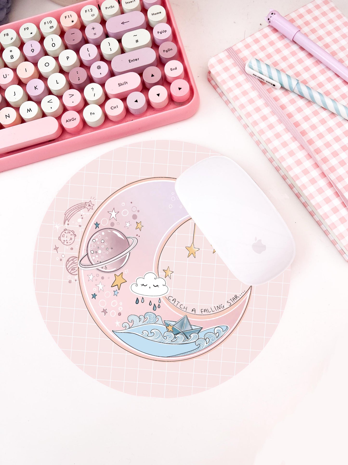 Kawaii Catch a falling Star Moon gaming mouse mat, cute office desk mat,  computer mat. Gaming desk mat. Cute colourful desk mousepad.