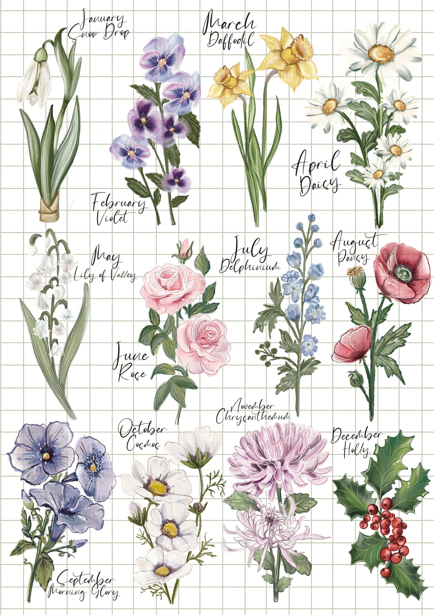 Birth month flower, floral aesthetic sticker sheet, book lover Stickers Illustration.