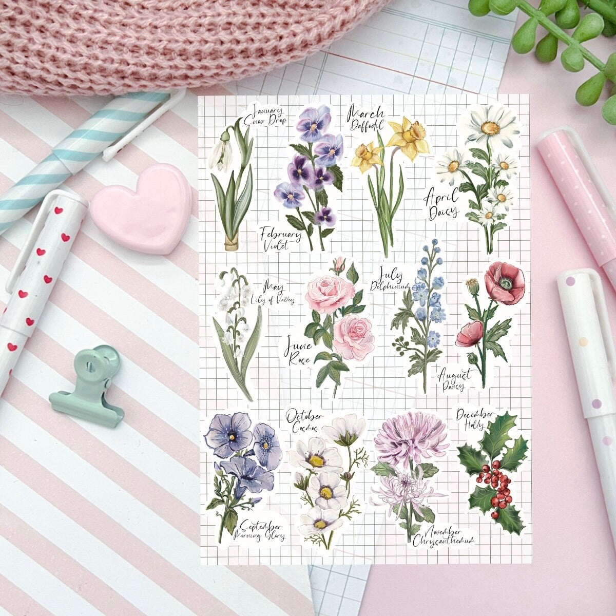 Birth month flower, floral aesthetic sticker sheet, book lover Stickers Illustration.