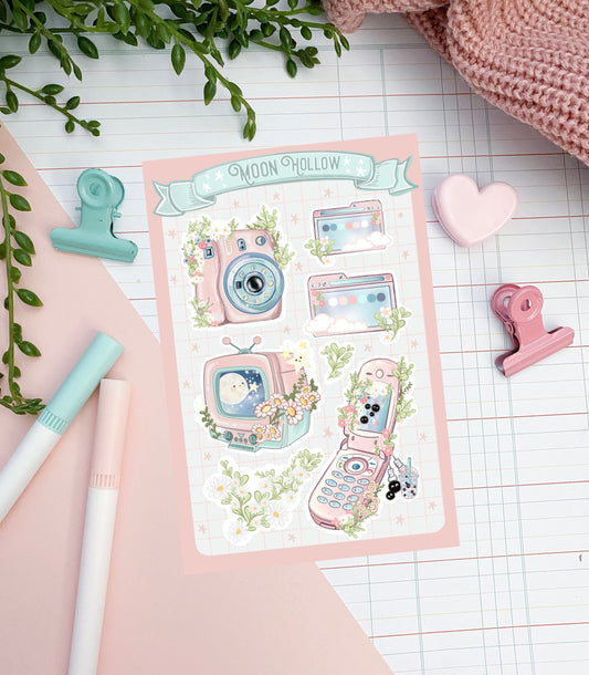 Sticker sheet - Retro flip phone cute kawaii cottagecore cozy bullet journal stickers. Camera stickers. Delicate stickers. decoration.
