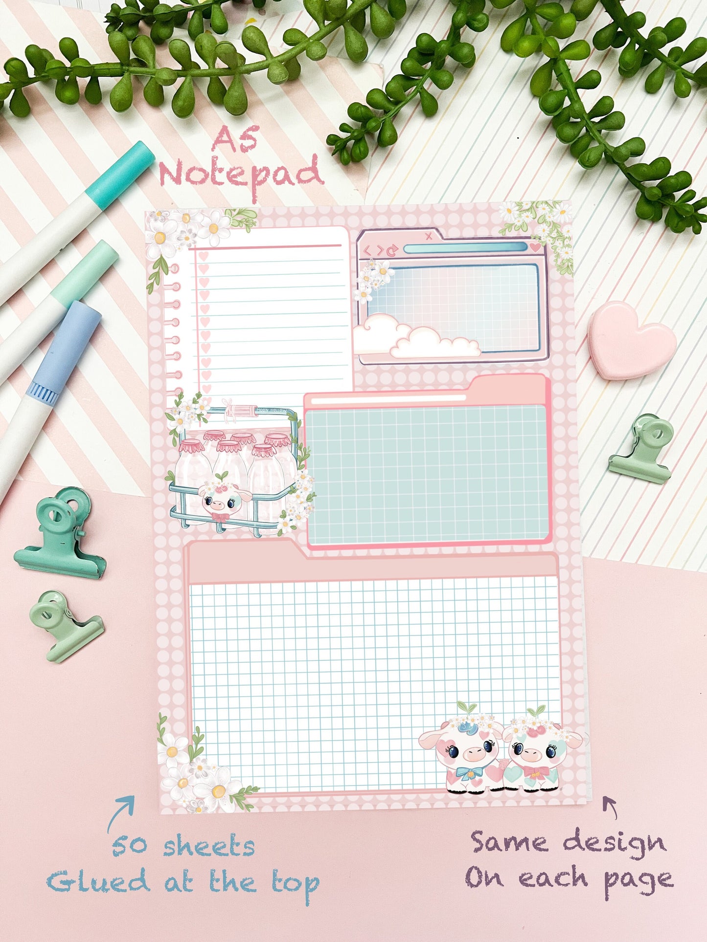 A5 kawaii Notepad . cute planner, notepad. Organisational planner, Memo pad. Notes. Journal, bujo. Organisational planner. Cute cow.