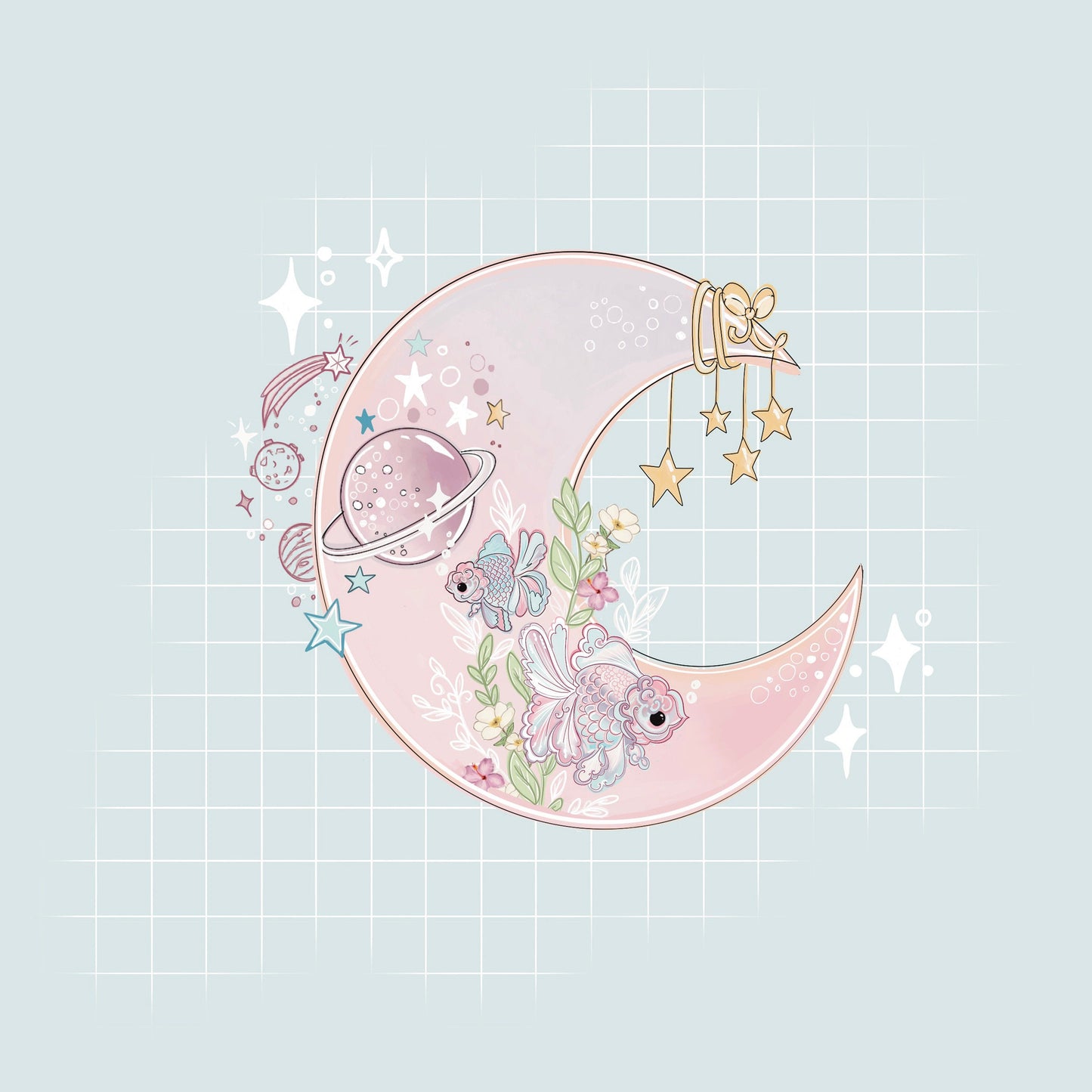 Ocean Moon cute die-cut sticker, laptop decals.