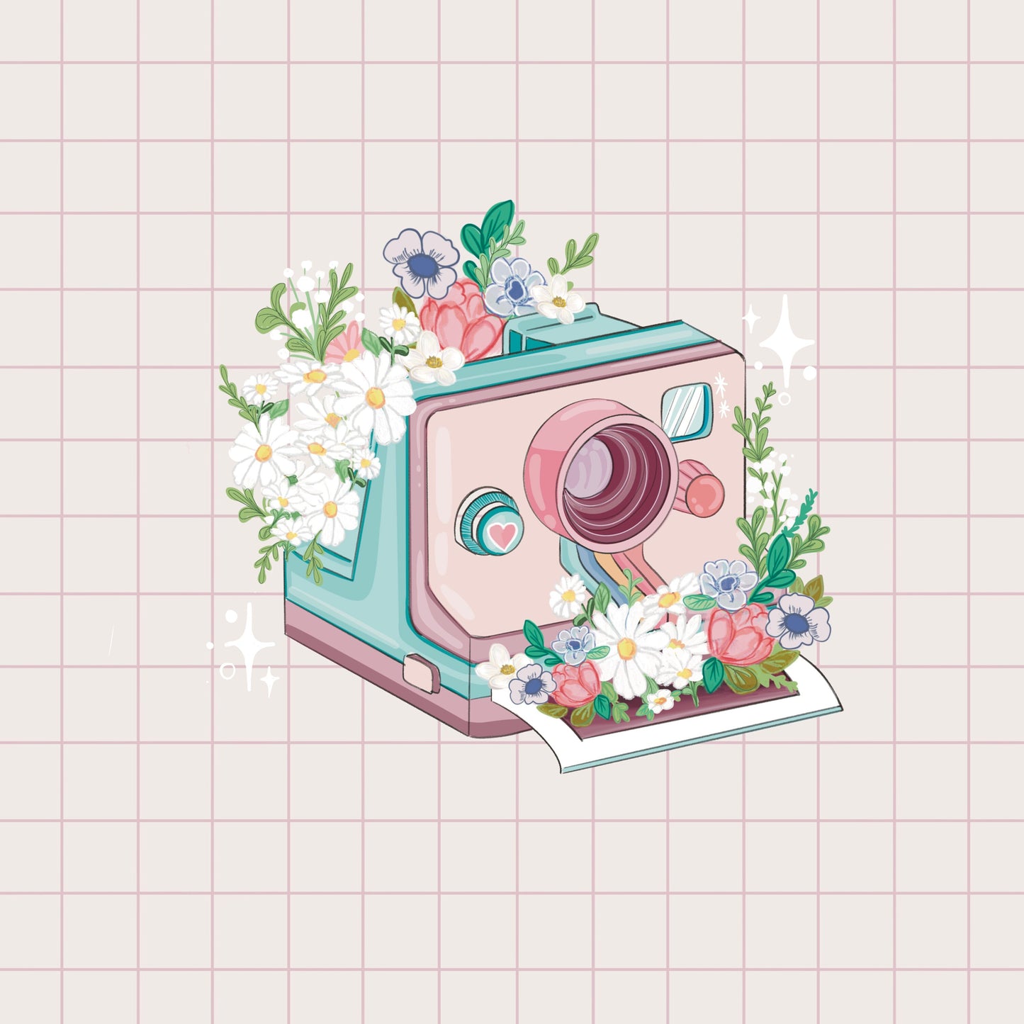 Kawaii instant camera rainbow flower sticker pack.