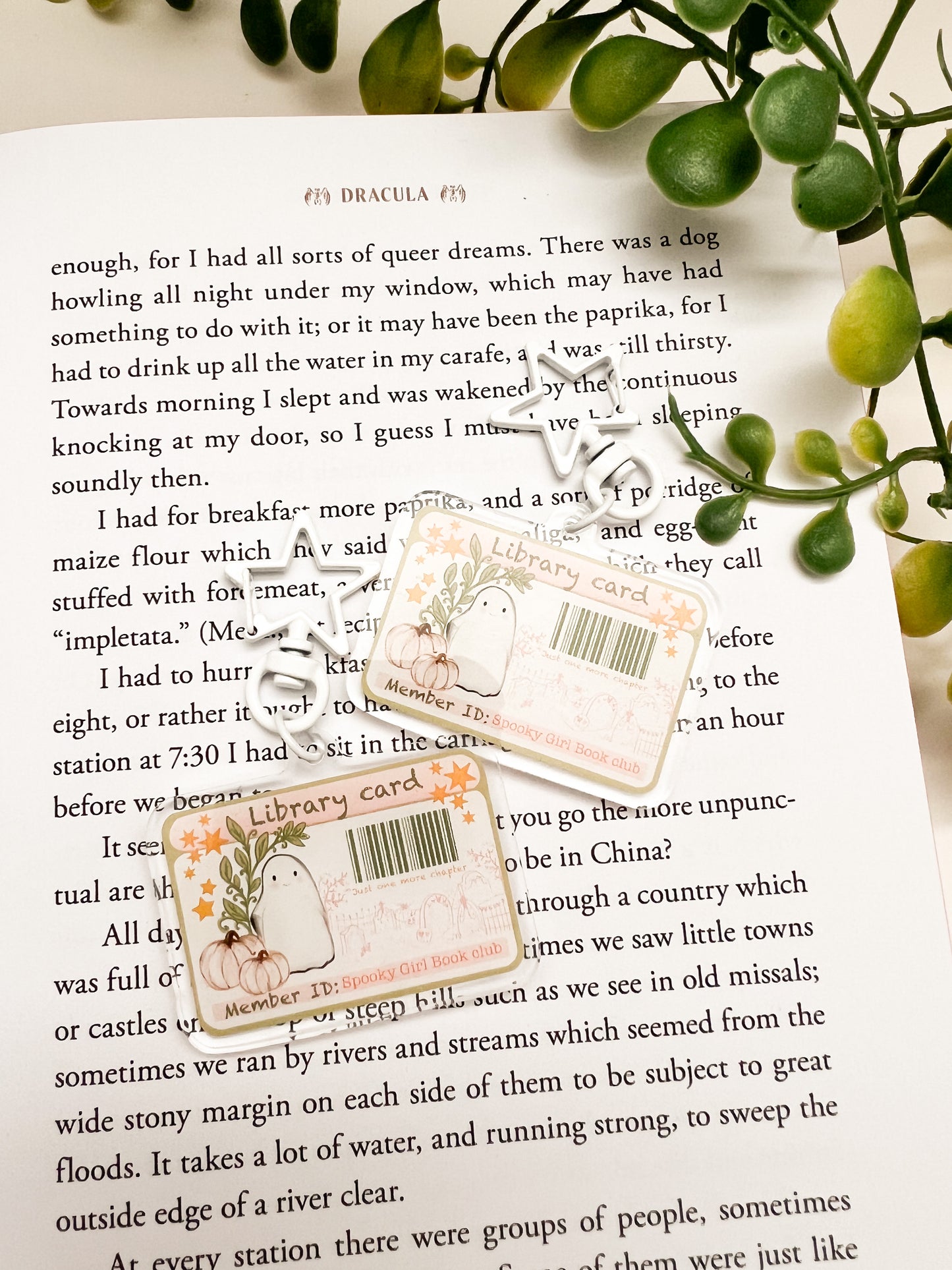 Spooky Girl library card acrylic key charm. Bookish bag charm gift