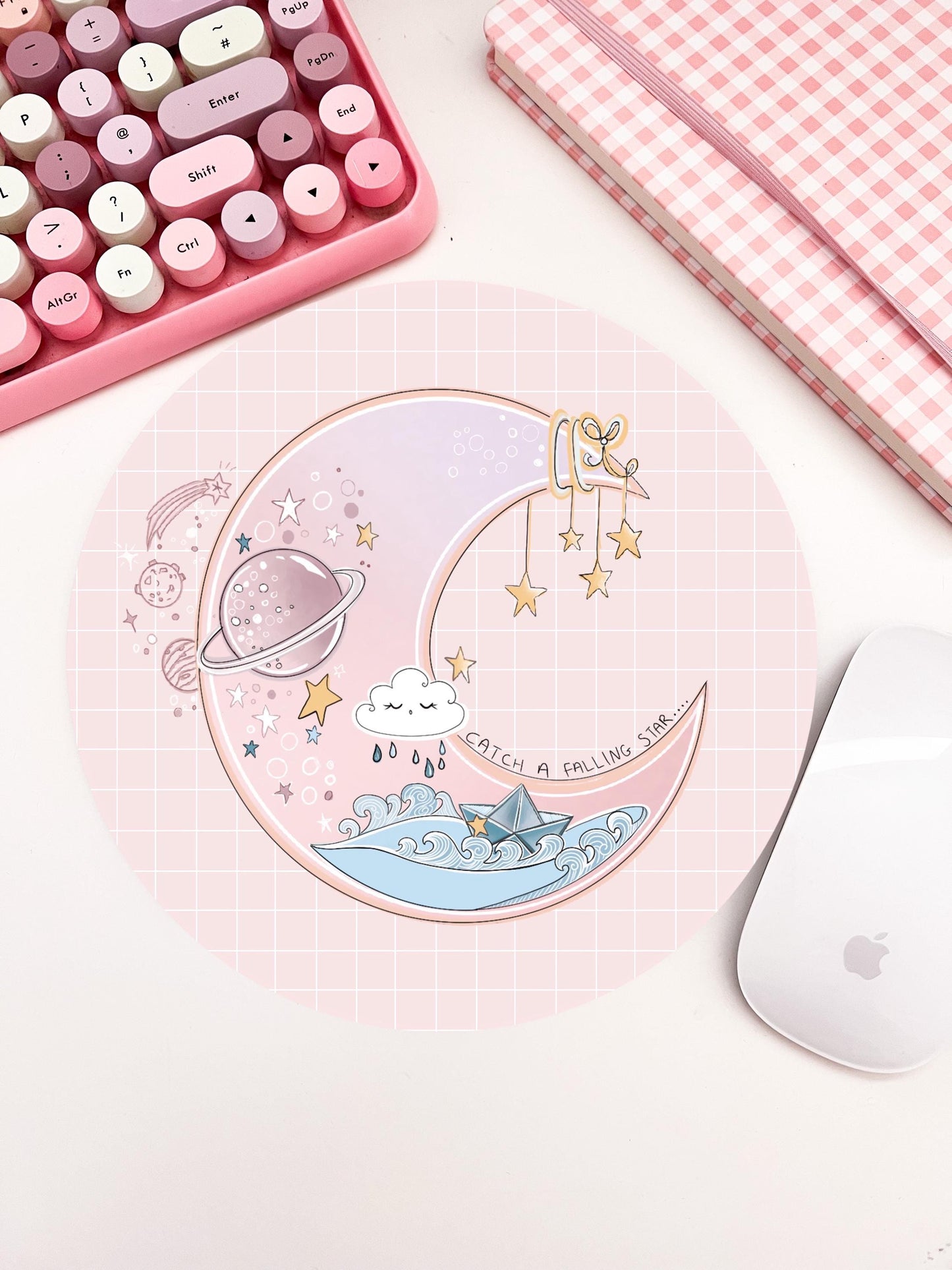 Kawaii Catch a falling Star Moon gaming mouse mat, cute office desk mat,  computer mat. Gaming desk mat. Cute colourful desk mousepad.