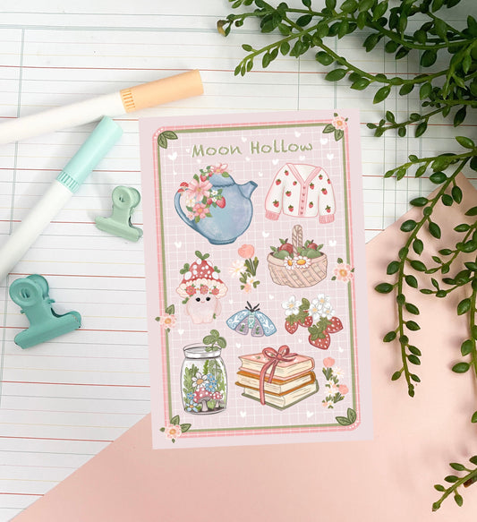 Sticker sheet - Strawberry booklover, cottagecore cozy bullet journal stickers. Reading stickers. Delicate stickers. Toadstool cozy journal.