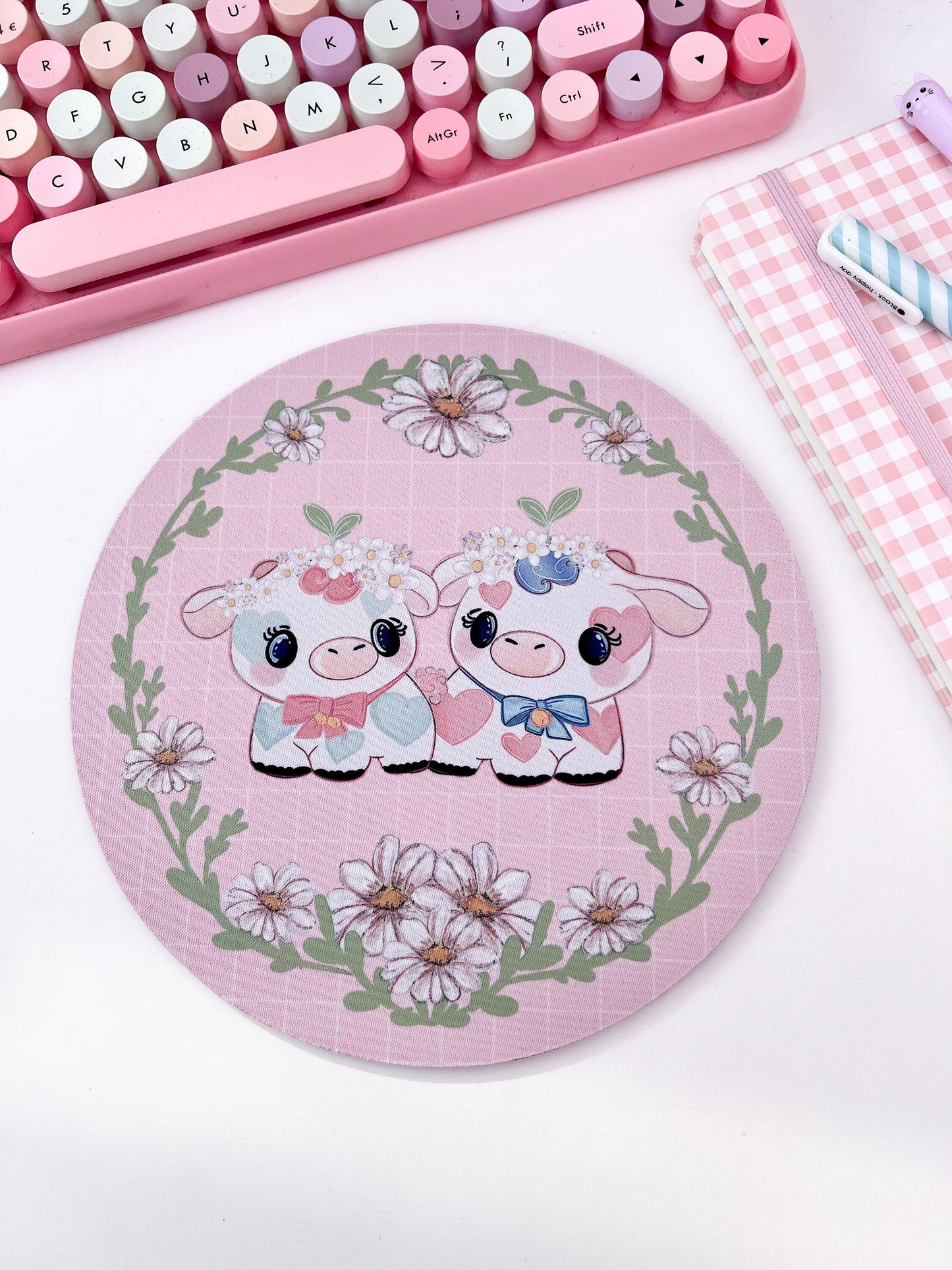 Strawberry cow mouse mat, kawaii Gaming setup desk mat, mouse pad, kawaii computer mat. Gaming desk mat. Cute colourful desk setup mousepad.