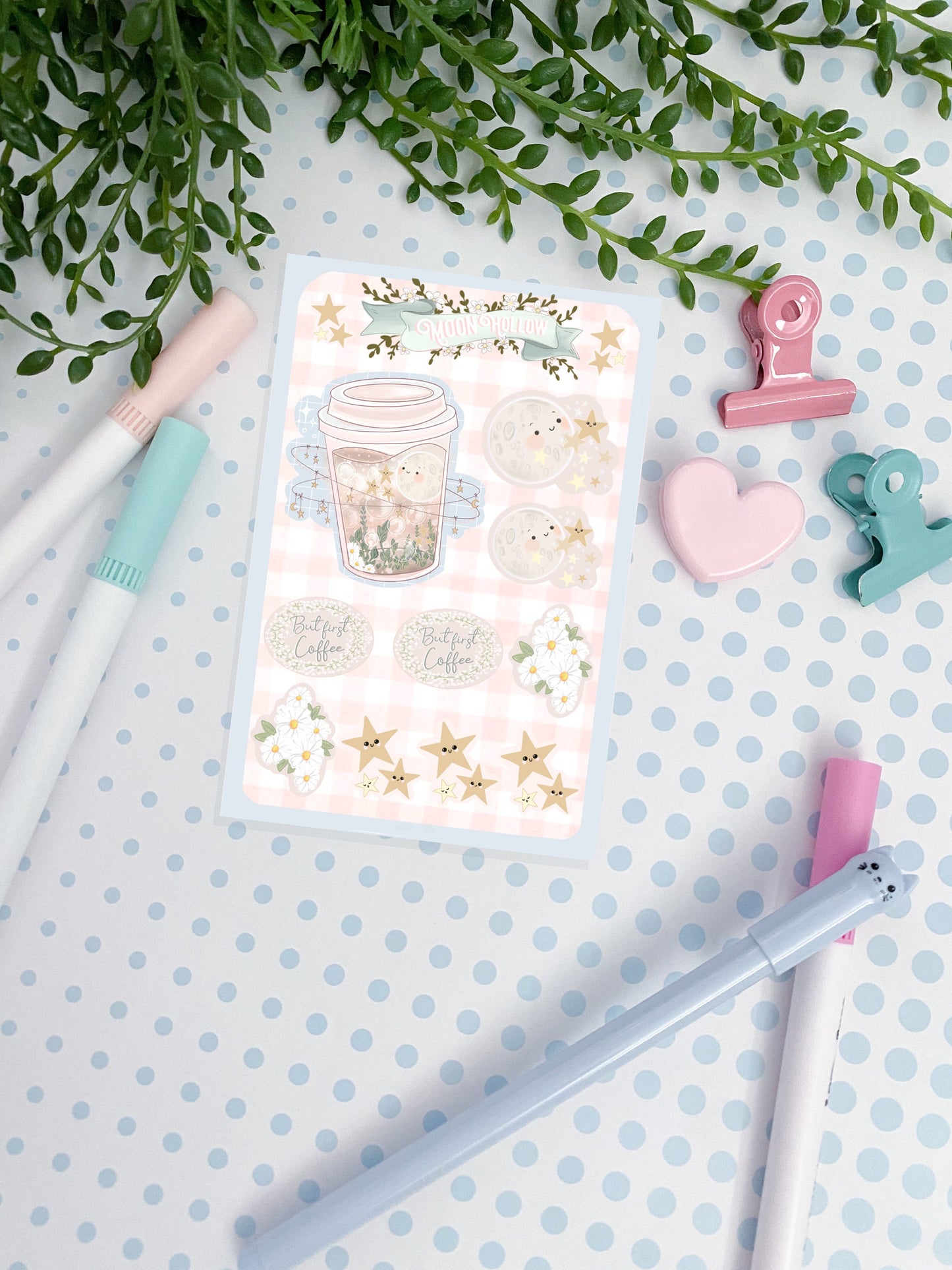 But first coffee sticker sheet, Cute Digital Art, Stickers, Kawaii Illustration, flowers, Stationary, scrapbooking, bullet journal.