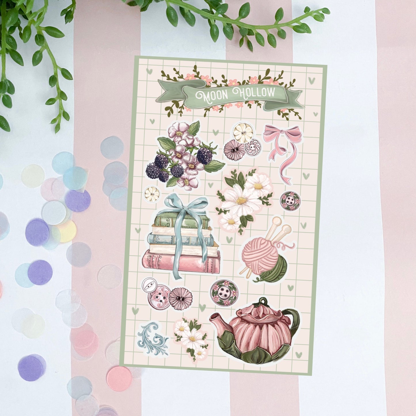 Cozy tea and crafting  Coquette aesthetic sticker sheet, book lover Stickers Illustration.