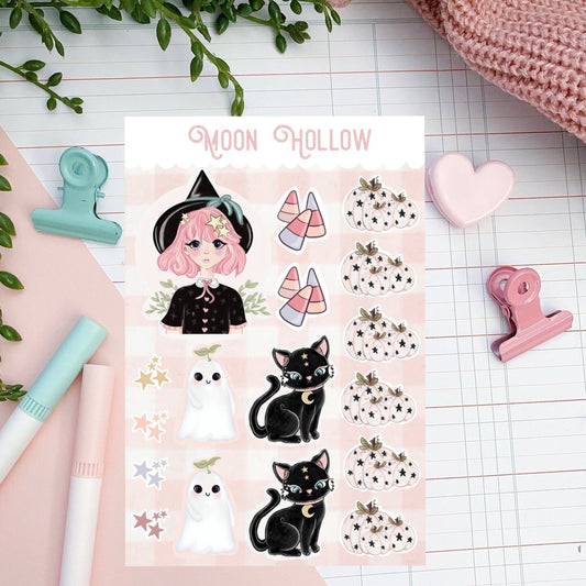 Luna moon cat planner sticker sheet 1pcs // Digital Art, Pumpkin, Illustration, Kawaii, Stationary, cute, autumn, cottagecore, bujo