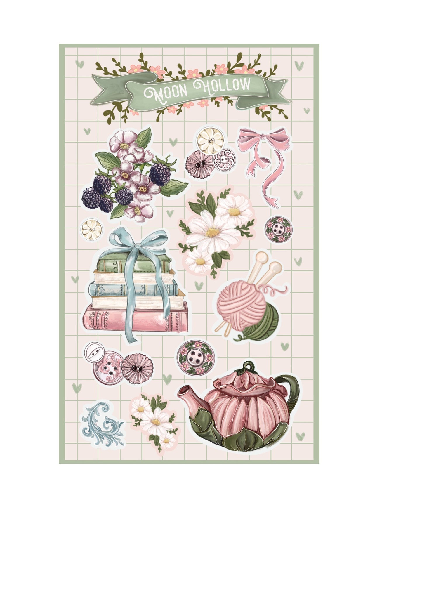 Cozy tea and crafting  Coquette aesthetic sticker sheet, book lover Stickers Illustration.