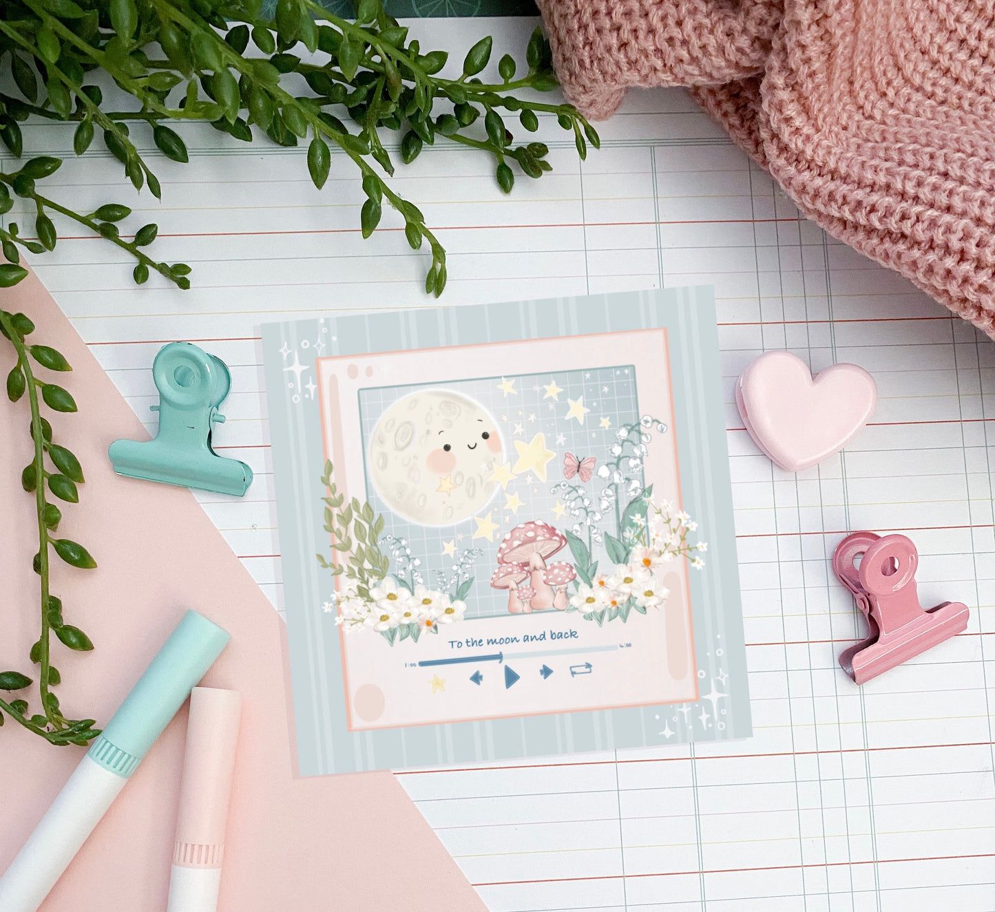 To the moon music window illustration art print, hand drawn Illustration, music player.