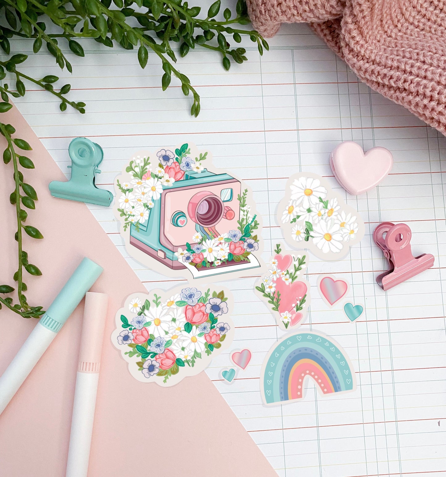 Kawaii instant camera rainbow flower sticker pack.
