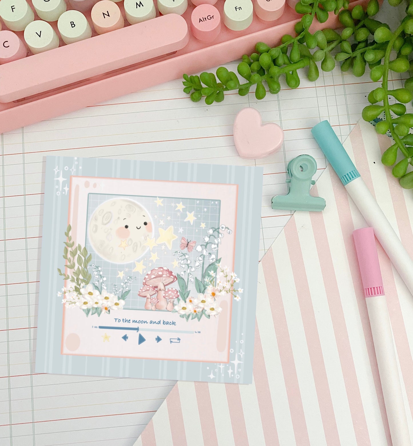 To the moon music window illustration art print, hand drawn Illustration, music player.