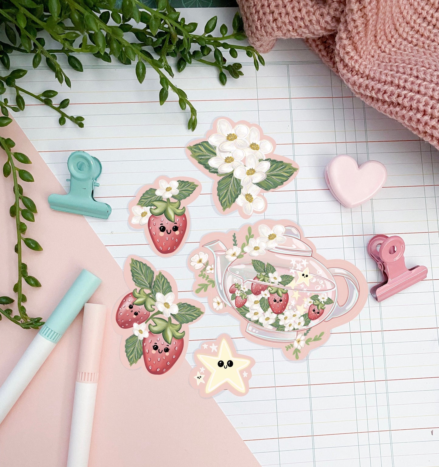 Kawaii cute strawberry tea sticker pack. Large sticker pack//  Digital Art, Stickers, Kawaii Illustration, Scrapbooking , bullet journal.
