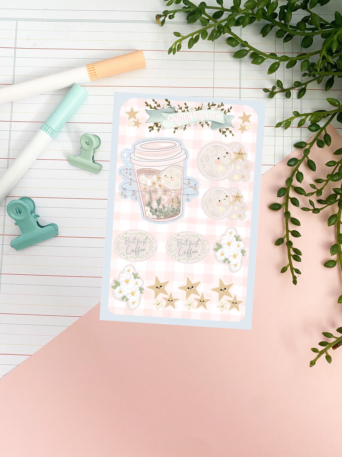 But first coffee sticker sheet, Cute Digital Art, Stickers, Kawaii Illustration, flowers, Stationary, scrapbooking, bullet journal.