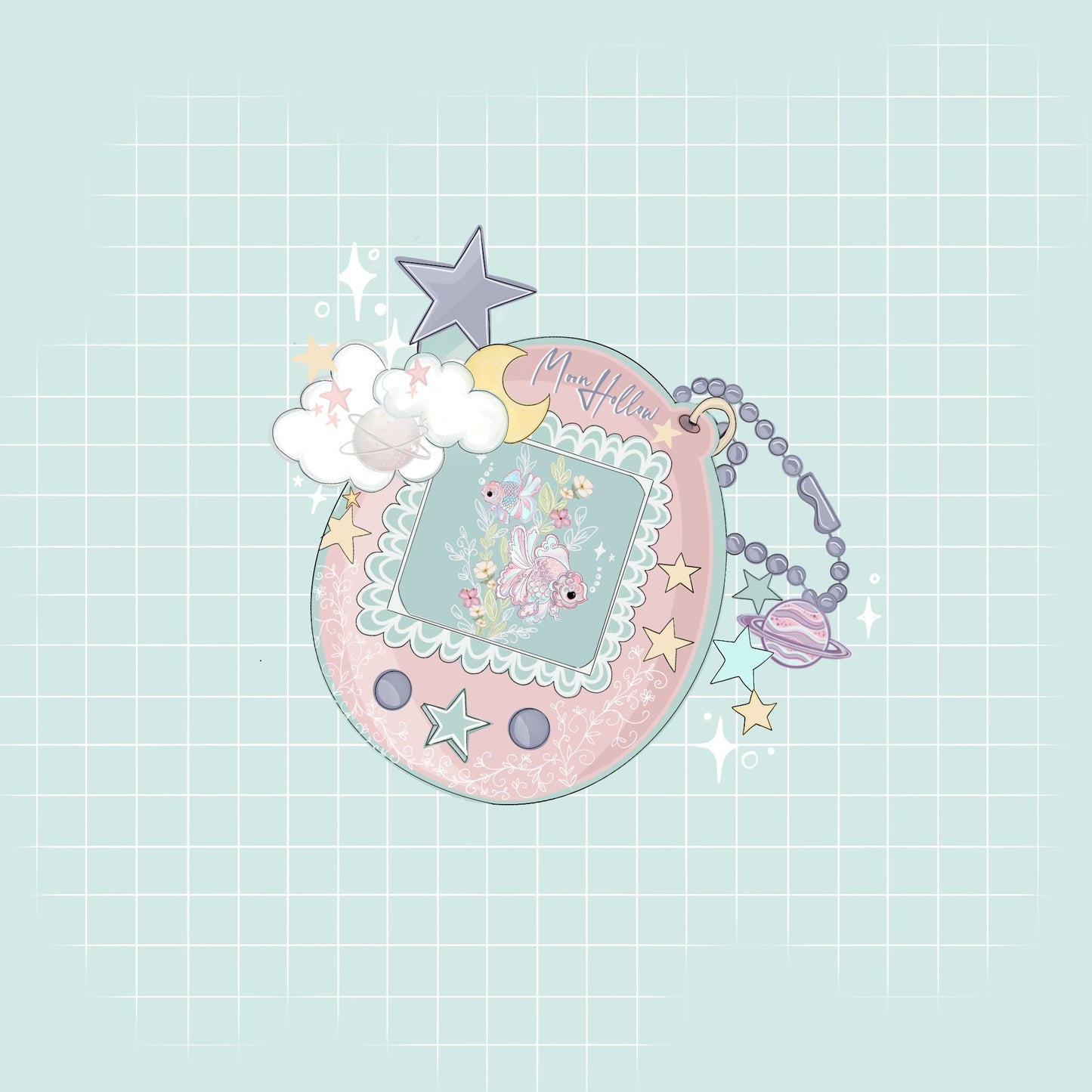 Moon Hollow fish Game sticker - Tamagotchi inspired cute fish sticker, illustration, digital art, cute bullet journal and planner stickers