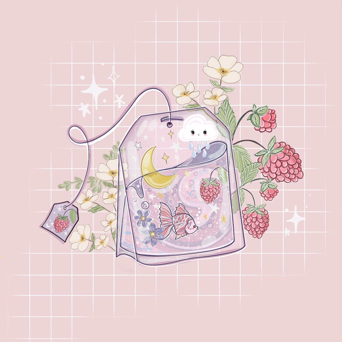 Raspberry Moon tea Kawaii die-cut sticker/ Digital art, laptop decals.  gift stationery Bujo , bullet journal, laptop, iPad sticker.