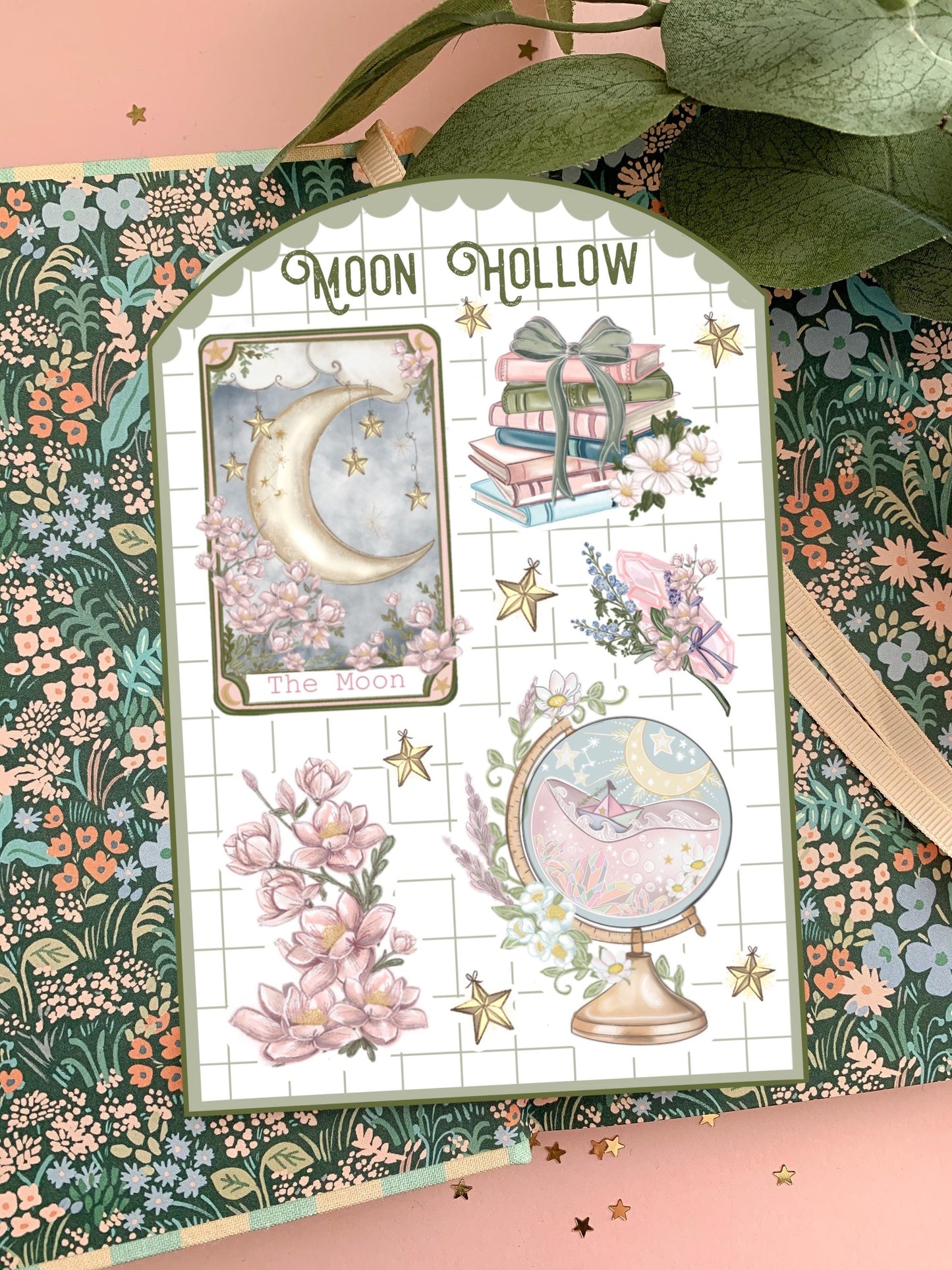 Magical Vintage-Inspired Moon and Flower Sticker Sheet | Whimsical Floral Stickers | Perfect for Journaling.