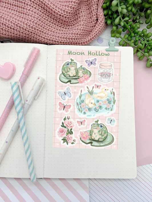 Froggy summer pond  cute duck Cottagecore Sticker sheet, cozy witch flower bullet journal stickers. Cozy cottage core stickers. decoration.