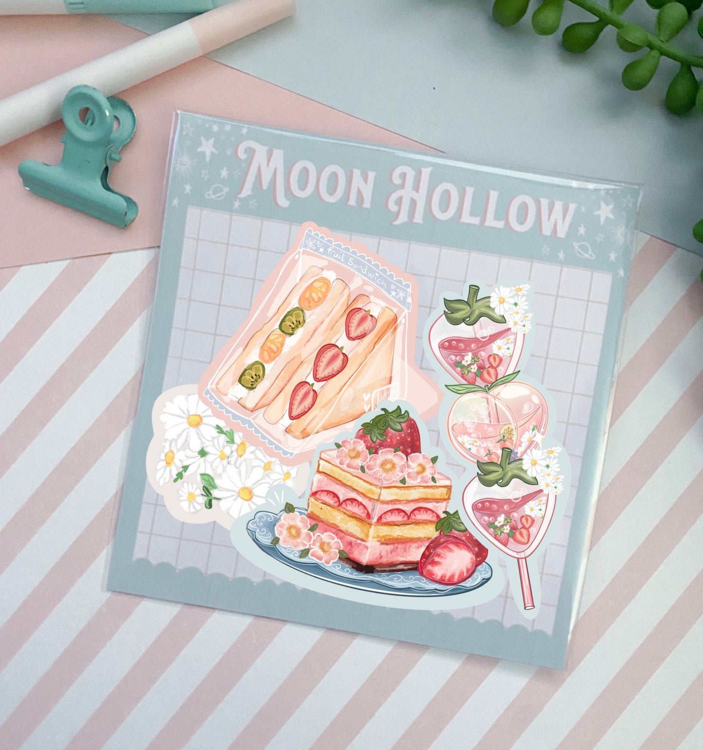 Fruit sandwich strawberry kawaii snacks sticker pack, Digital Art, Stickers, Kawaii Illustration, space, Stationary, bujo bullet journal.