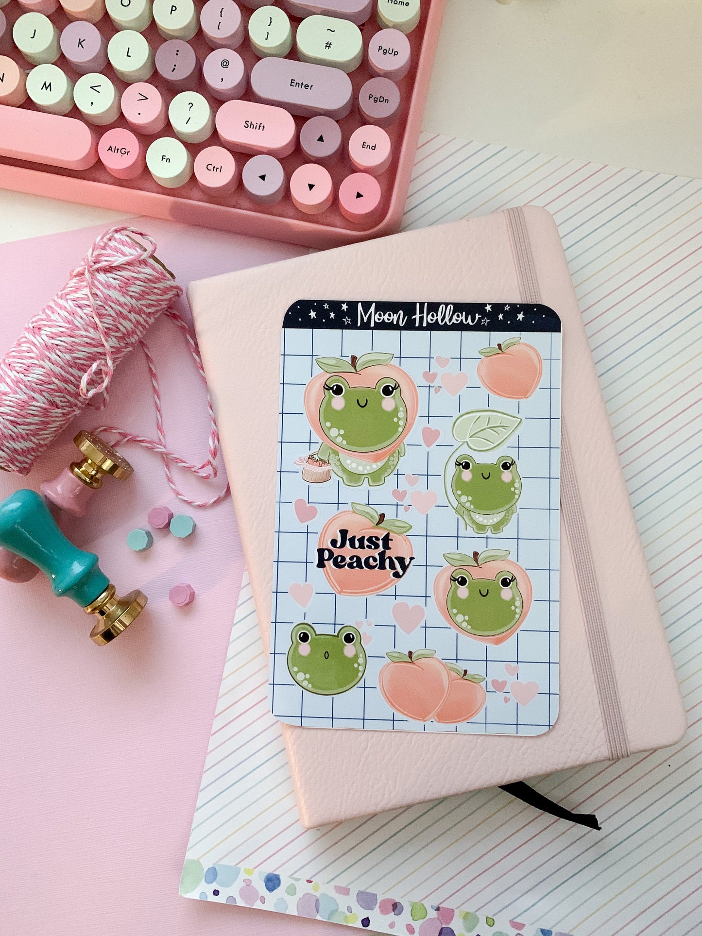 Kawaii Frog & Peach sticker sheet. Journal, bullet journal, stationery, digital art stickers.