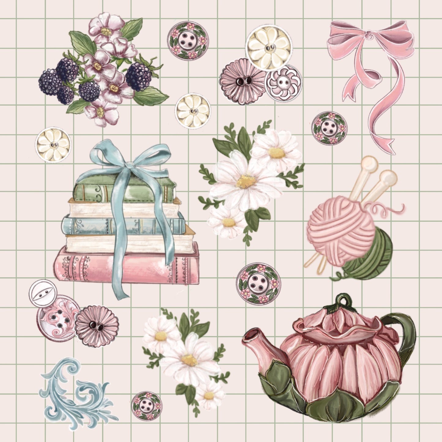 Cozy tea and crafting  Coquette aesthetic sticker sheet, book lover Stickers Illustration.