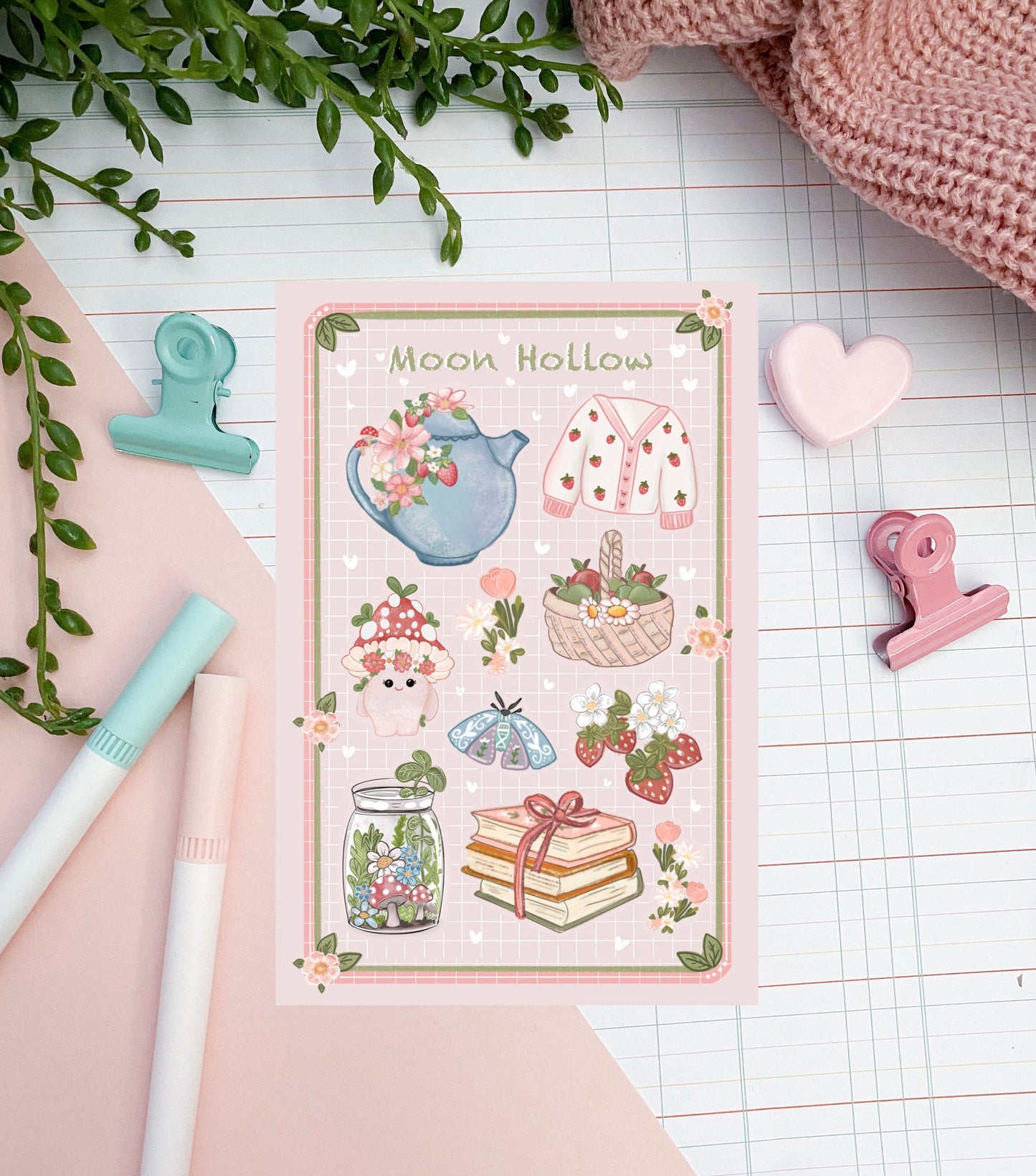 Sticker sheet - Strawberry booklover, cottagecore cozy bullet journal stickers. Reading stickers. Delicate stickers. Toadstool cozy journal.
