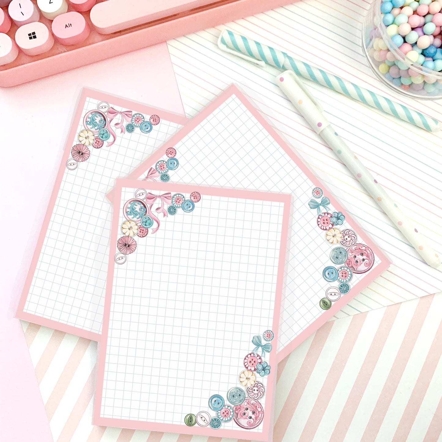 Buttons & Bows A6 notepad /  coquette cute  notepad  / notepad. Cute kawaii gift stationery. Memo pad.