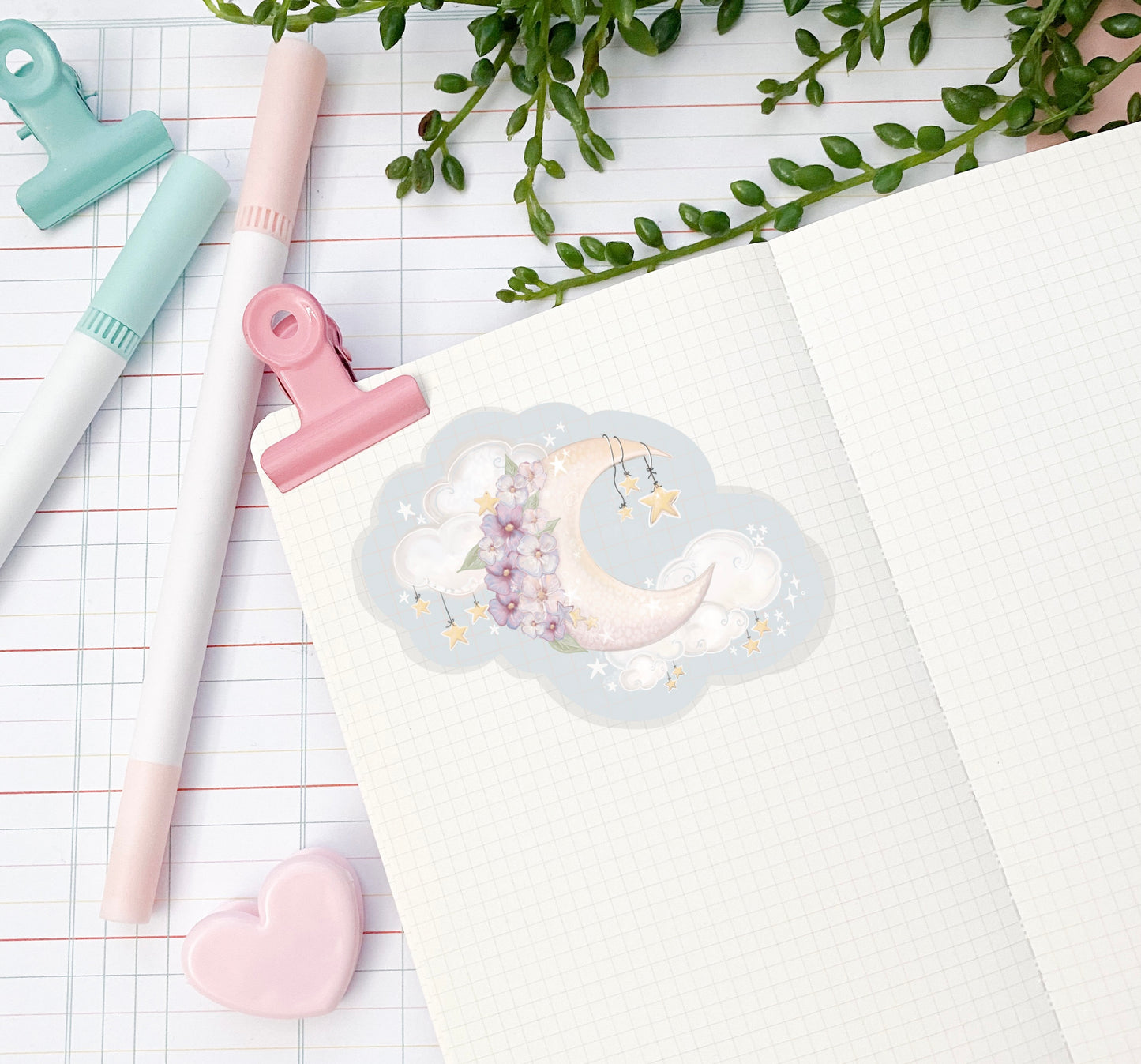 Catch a falling star magic sticker  /  kawaii cute  die-cut sticker/ Digital art, laptop decals. Cute floral moon , bullet journal, laptop,