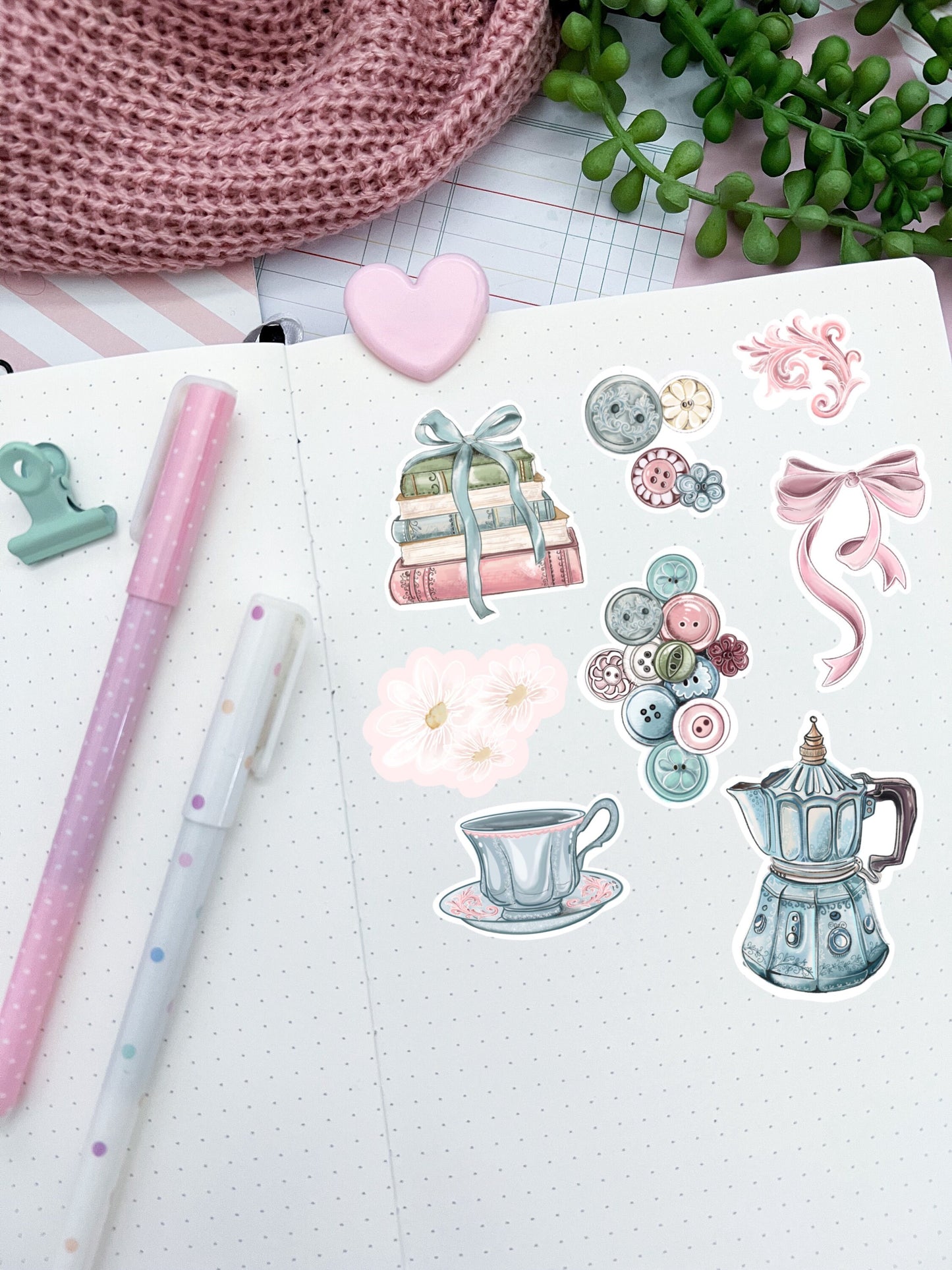 Buttons books and bows sticker pack.   Digital Art, Sticker set, cozy Illustration, Stationary, coffee reading  bujo bullet journal stickers