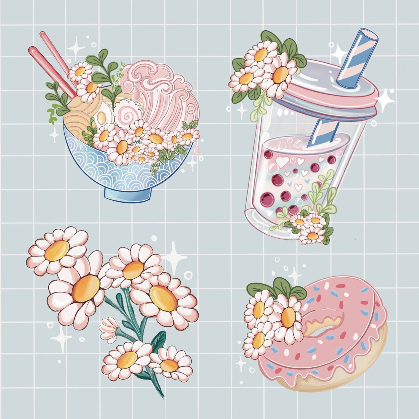 Kawaii ramen, boba tea sticker pack, Anime Digital Art, Stickers, Kawaii Illustration, space, Stationary, Magic, game, bujo bullet journal