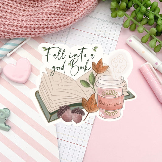 Fall into a good book sticker  /  Autumn Fall die-cut sticker.