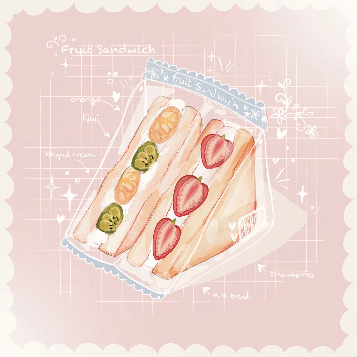 Fruit sandwich strawberry kawaii snacks sticker pack, Digital Art, Stickers, Kawaii Illustration, space, Stationary, bujo bullet journal.