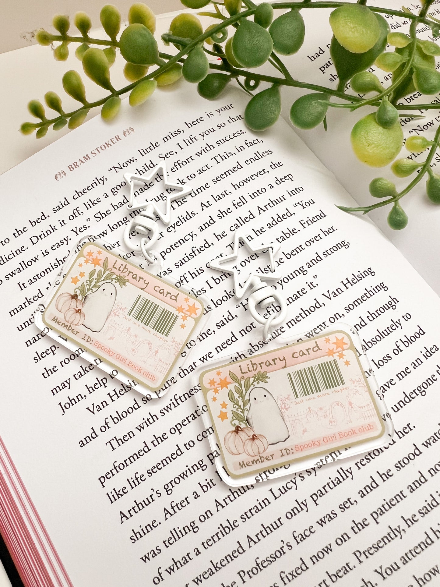 Spooky Girl library card acrylic key charm. Bookish bag charm gift