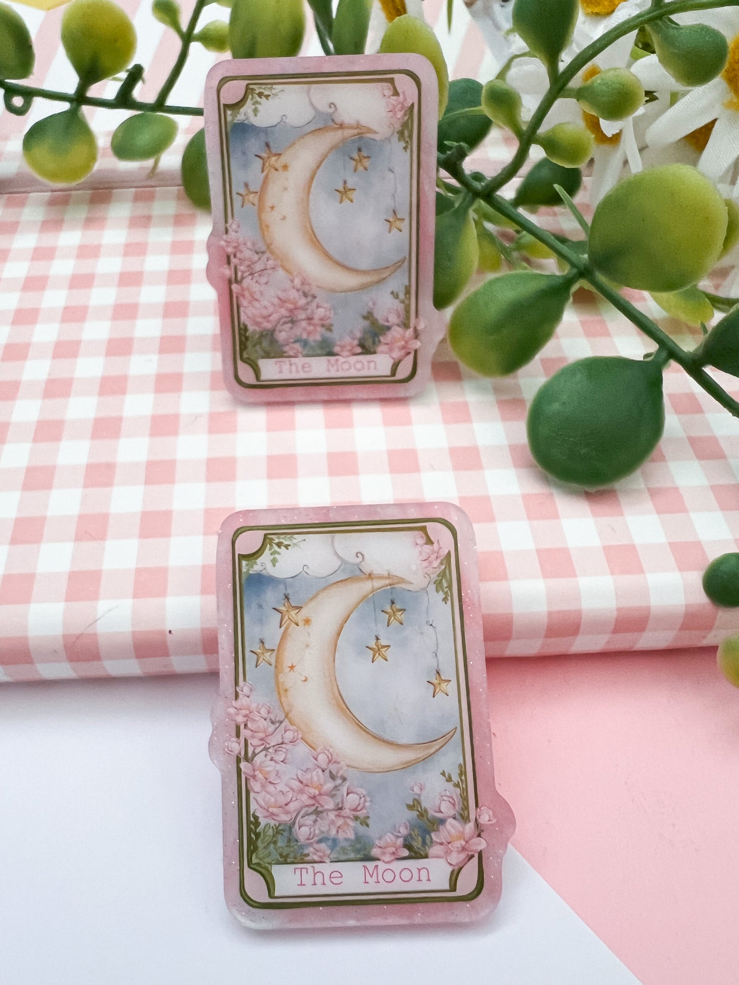 The Moon tarot card pink opal acrylic pin ￼