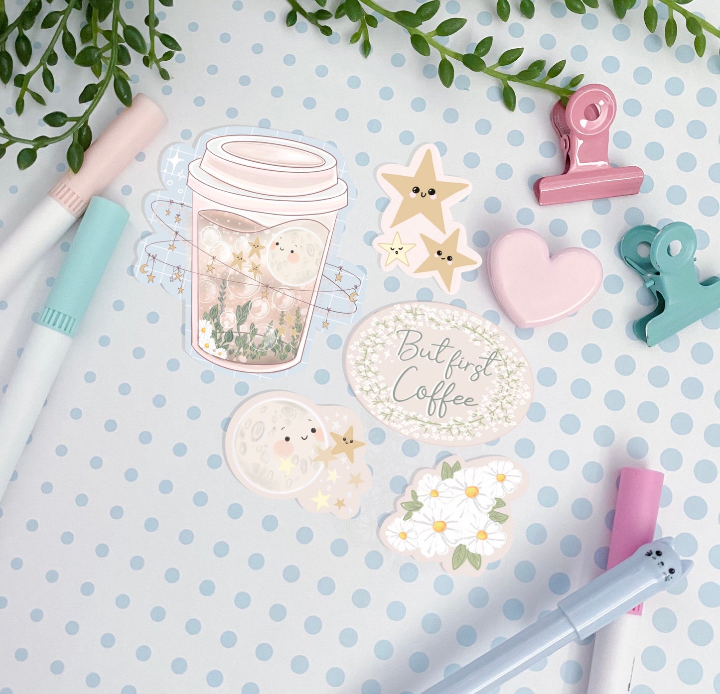 But first coffee moon sticker pack, Digital Art, Stickers, Kawaii Illustration, space, Stationary, Magic, coffee, bujo bullet journal.